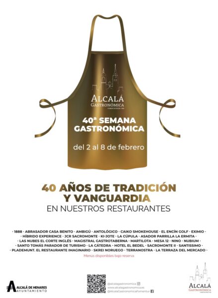 Cartel de Semana Gastronómica. Siete días, 26 restaurantes y un solo destino: la excelencia. 🍷 De FITUR a tu mesa, ven a descubrir por qué Alcalá es Patrimonio de la Humanidad también en el plato. Foto: Parador de Alcalá de Henares.