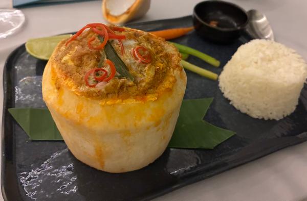 Cambodia’s national dish, amok, as served in Knai Bang Chatt. Photo credit Buzzy Gordon.