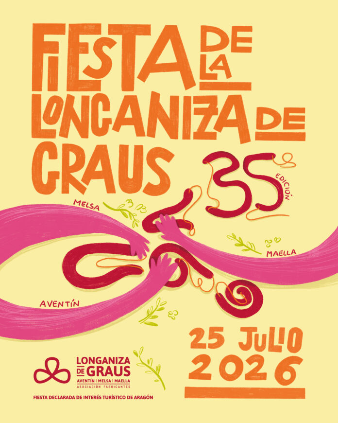 Cartel de la proxima edicion de la Gran Fiesta de la Longaniza de Graus 2026 que ha presentado candidadura a Fiesta de Interes Turistico Nacional. Foto: agencia.