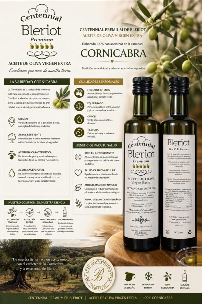 La elegancia del origen. Sostener la silueta de Bleriot Centennial Cornicabra es el preludio de un viaje sensorial inolvidable. Una joya de diseño limpio que custodia el alma y la sabiduría de nuestros olivares centenarios. Puro lujo consciente embotellado para despertar los sentidos. Foto: Bleriot.